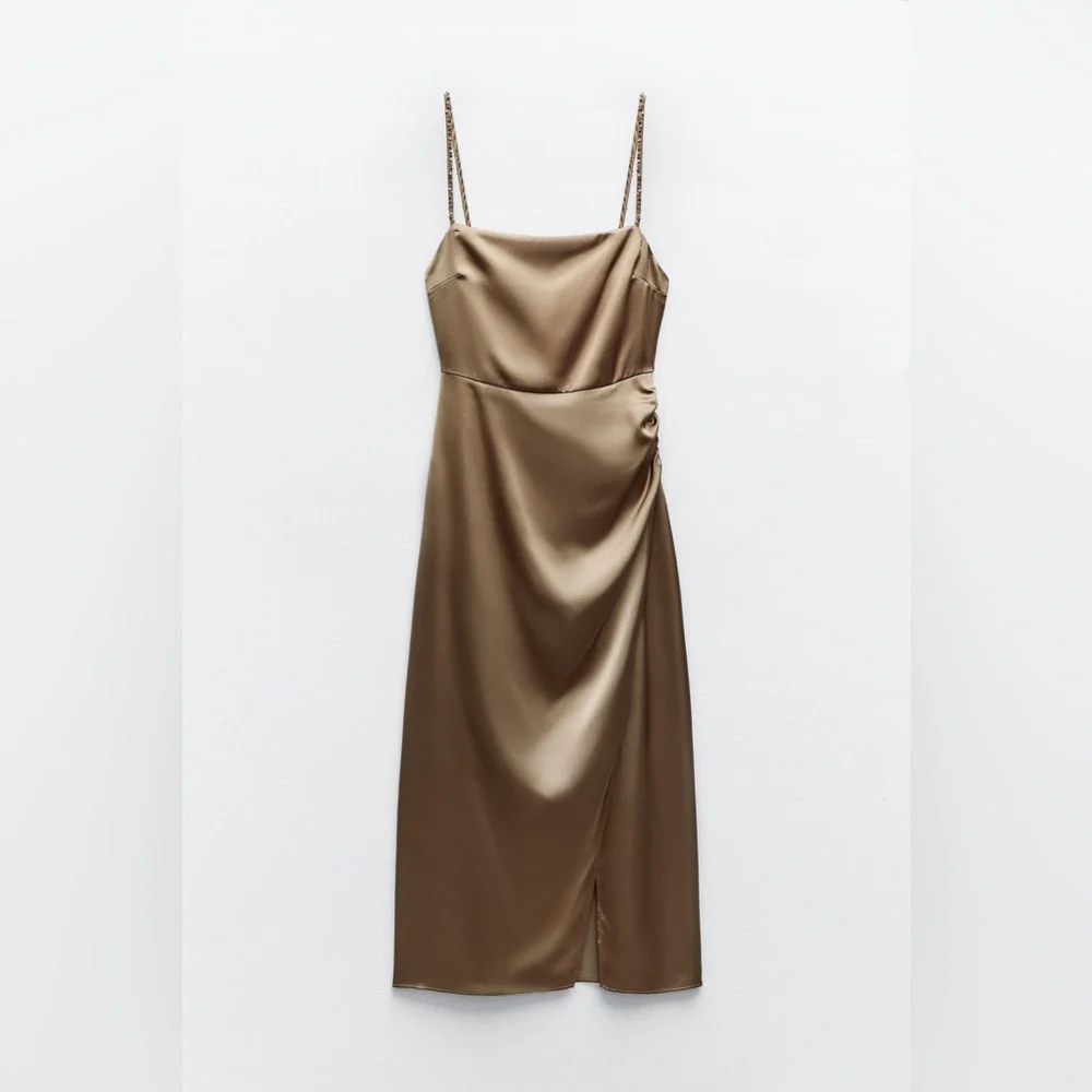 🆕(NWT) ZARA Bloggers Fav Beaded Strap Satin Midi Dress. Size LARGE - Picture 13 of 14